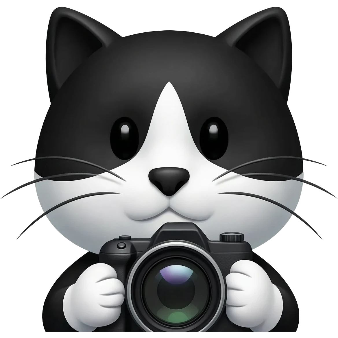 Upper portion of a black and white cat taking a picture emoji
