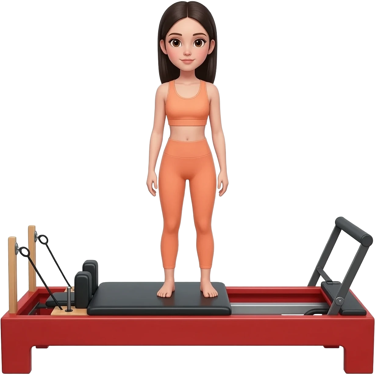 A girl rock brats down doing reformer Pilates, she is wearing a pastel orange fit and she has dark straight and monster high toraley emoji
