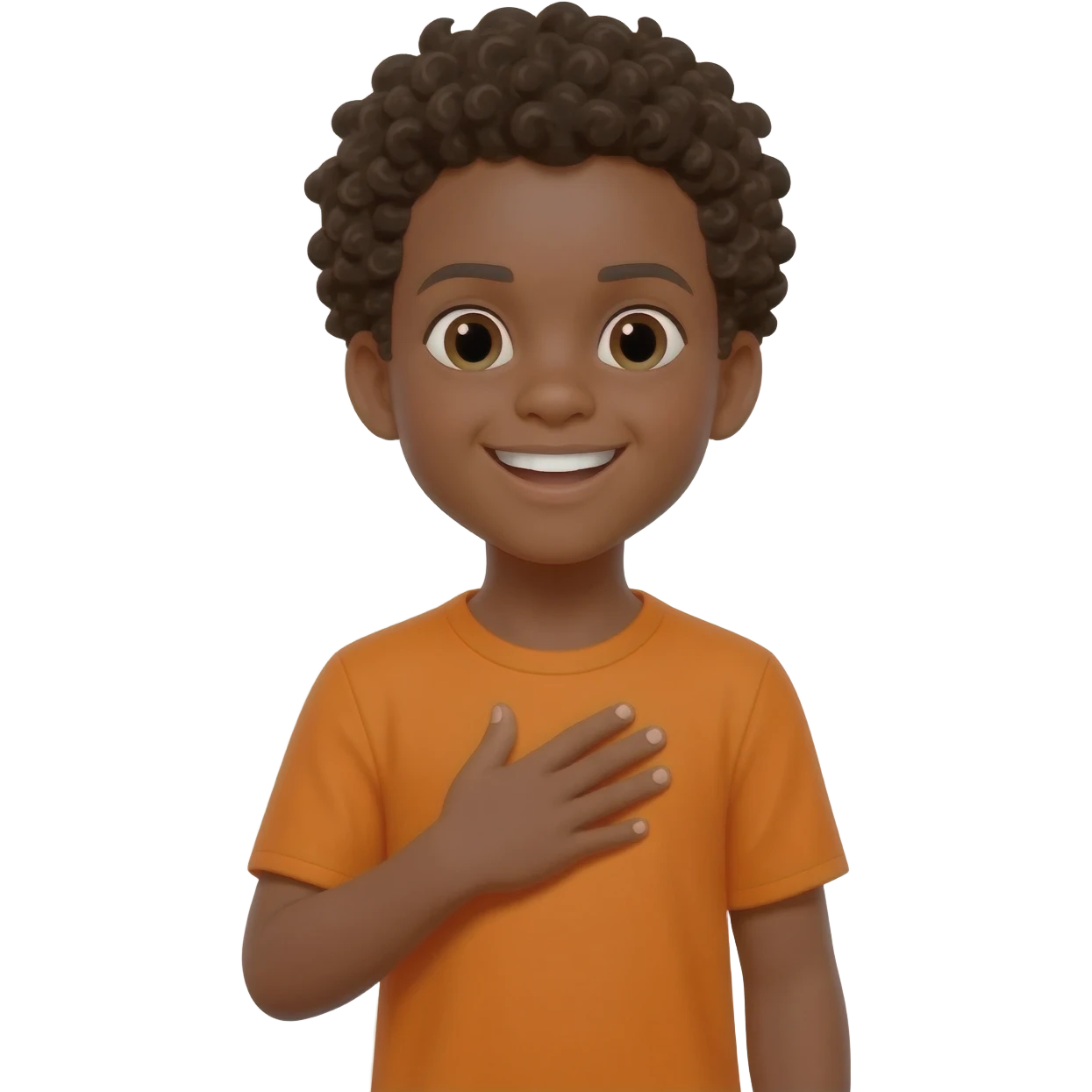 black boy curly hair orange shirt hand on heart big smile emoji