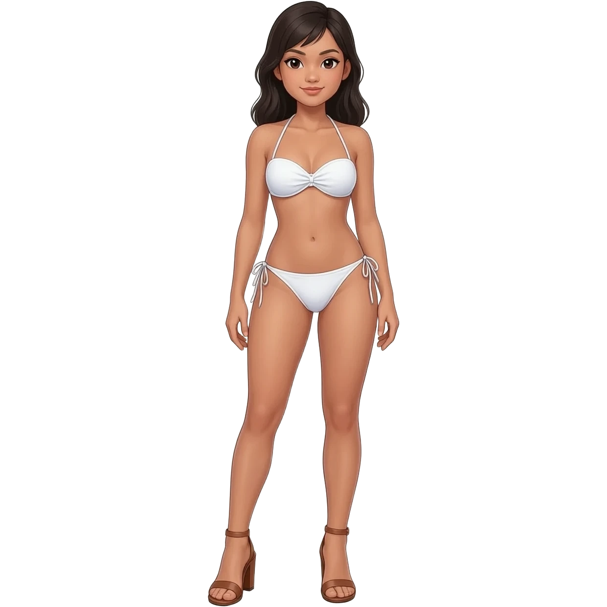 Filipino girl white push up bikini string full body slim stand straight with high heels sandals brown emoji