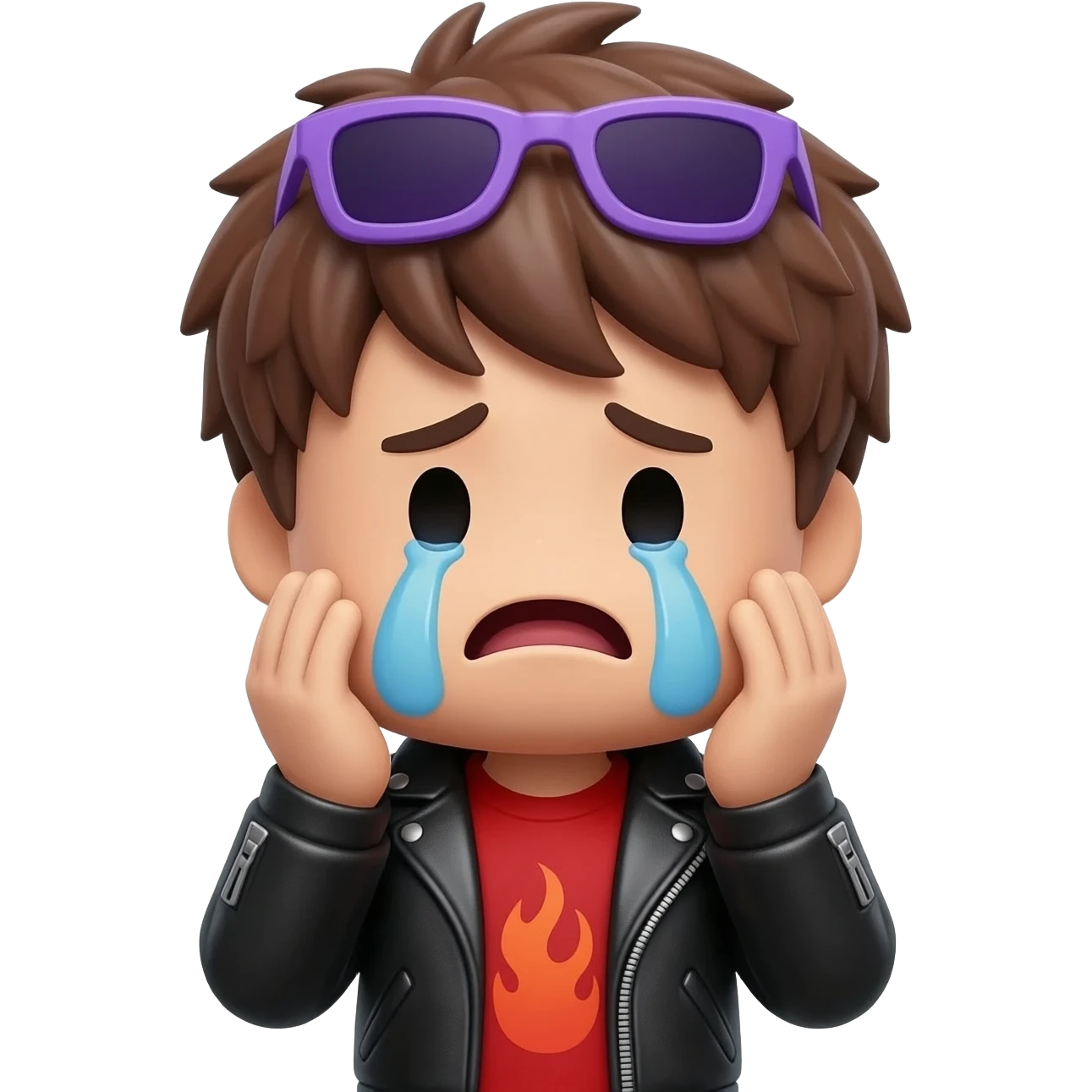 Crying Roblox boy avatar emoji, brown hair, purple sunglasses, black leather jacket, red shirt with flame design, gray jeans, sad expression, big tears coming from eyes, mouth slightly open, emotional pose with hands near face, cute 3D cartoon style, gaming emoji style, soft lighting emoji