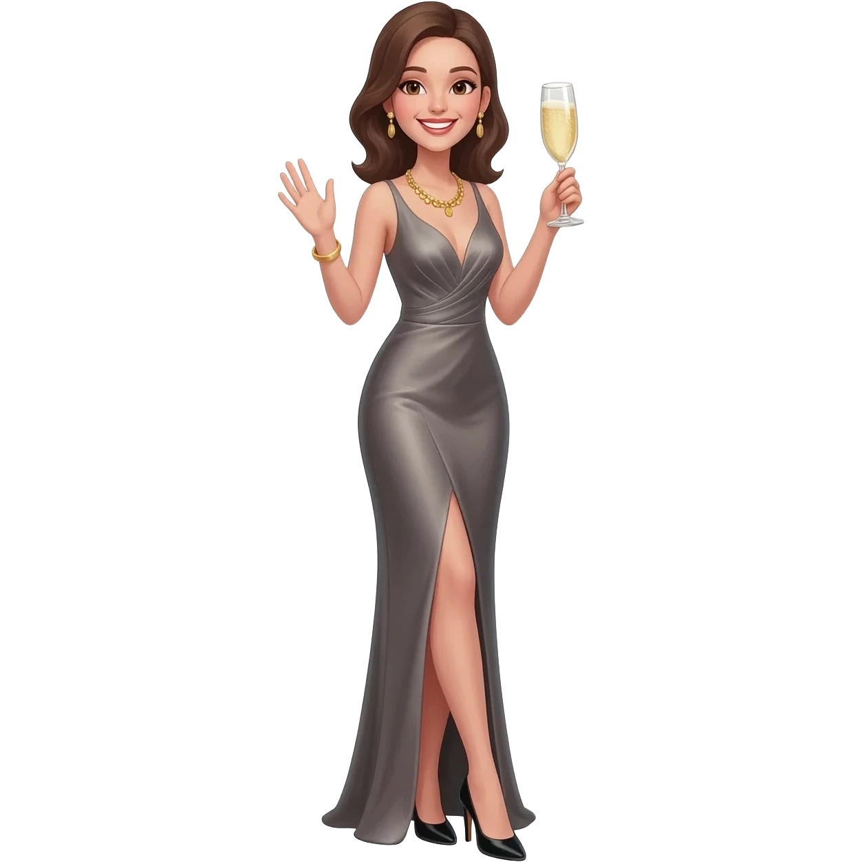 Faça um emoji de uma mulher branca, de cabelo liso castanho, com um vestido longo elegante, acessórios dourados, ela está em pé, com um salto preto elegante, com as mãos para cima, em uma das mãos tem uma taça de champanhe, e a está sorrindo como em um brinde. emoji