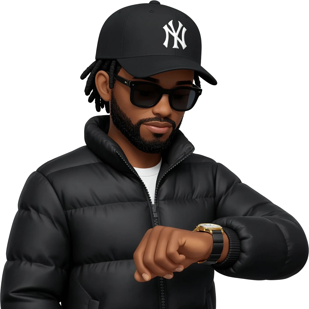 African American man with shoulder length black dreadlocks with black beard wearing black sunglasses wearing a black New York Yankees logo baseball cap wearing a black bubble winter coat wearing a wrist watch looking at the time on his wrist watch emoji