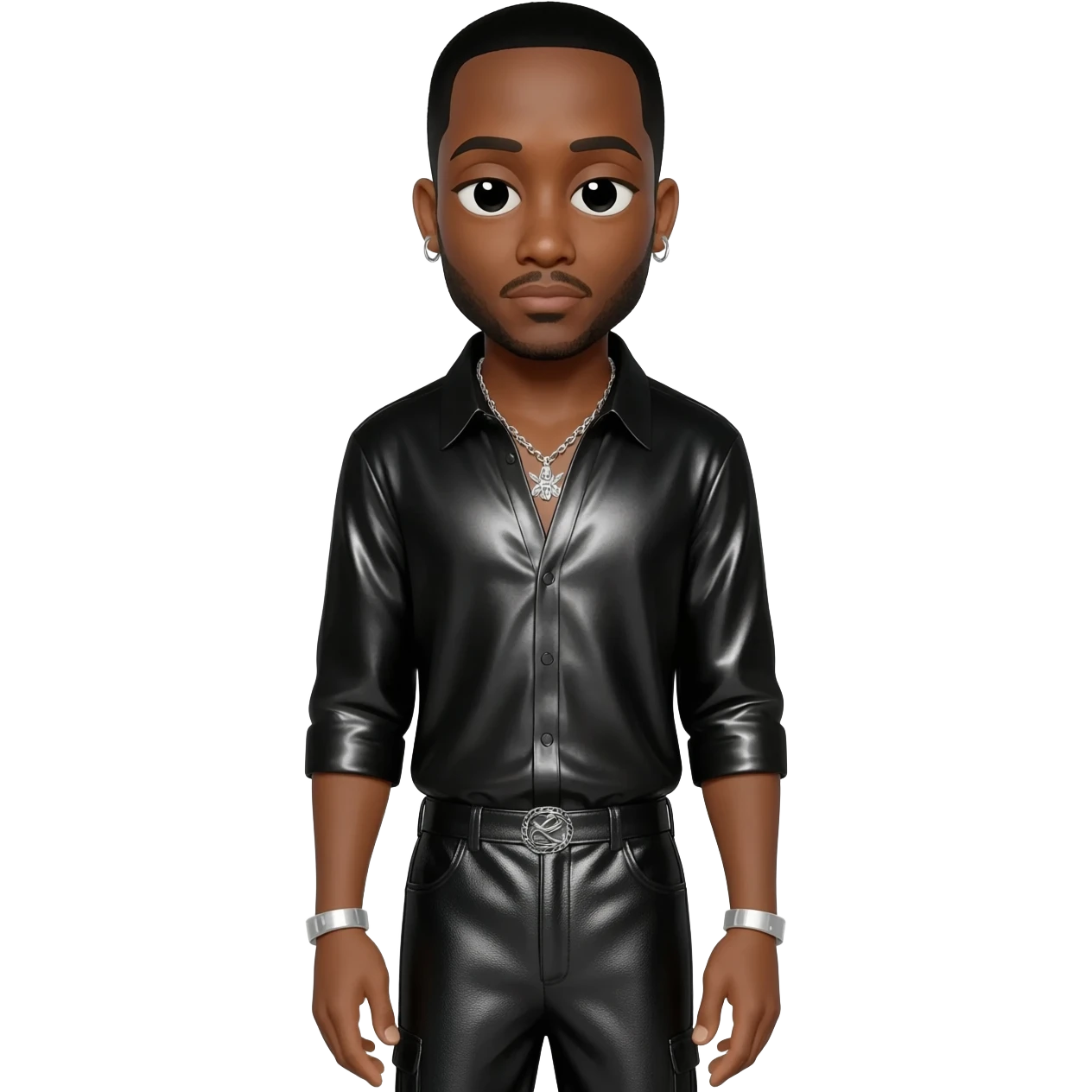 Timbaland with black hair, black metallic shirt, black metallic baggy pants, silver necklace emoji