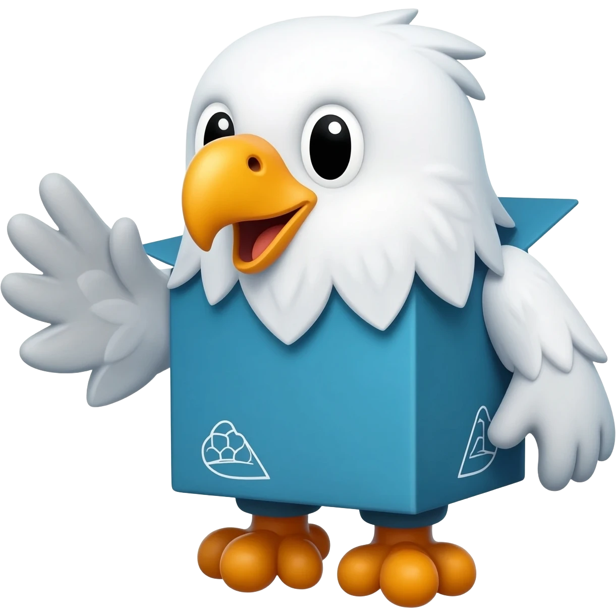 cute eagle-inspired delivery box mascot waving hello, friendly logistics chatbot emoji, blue and orange colors, minimal flat emoji style, white background emoji