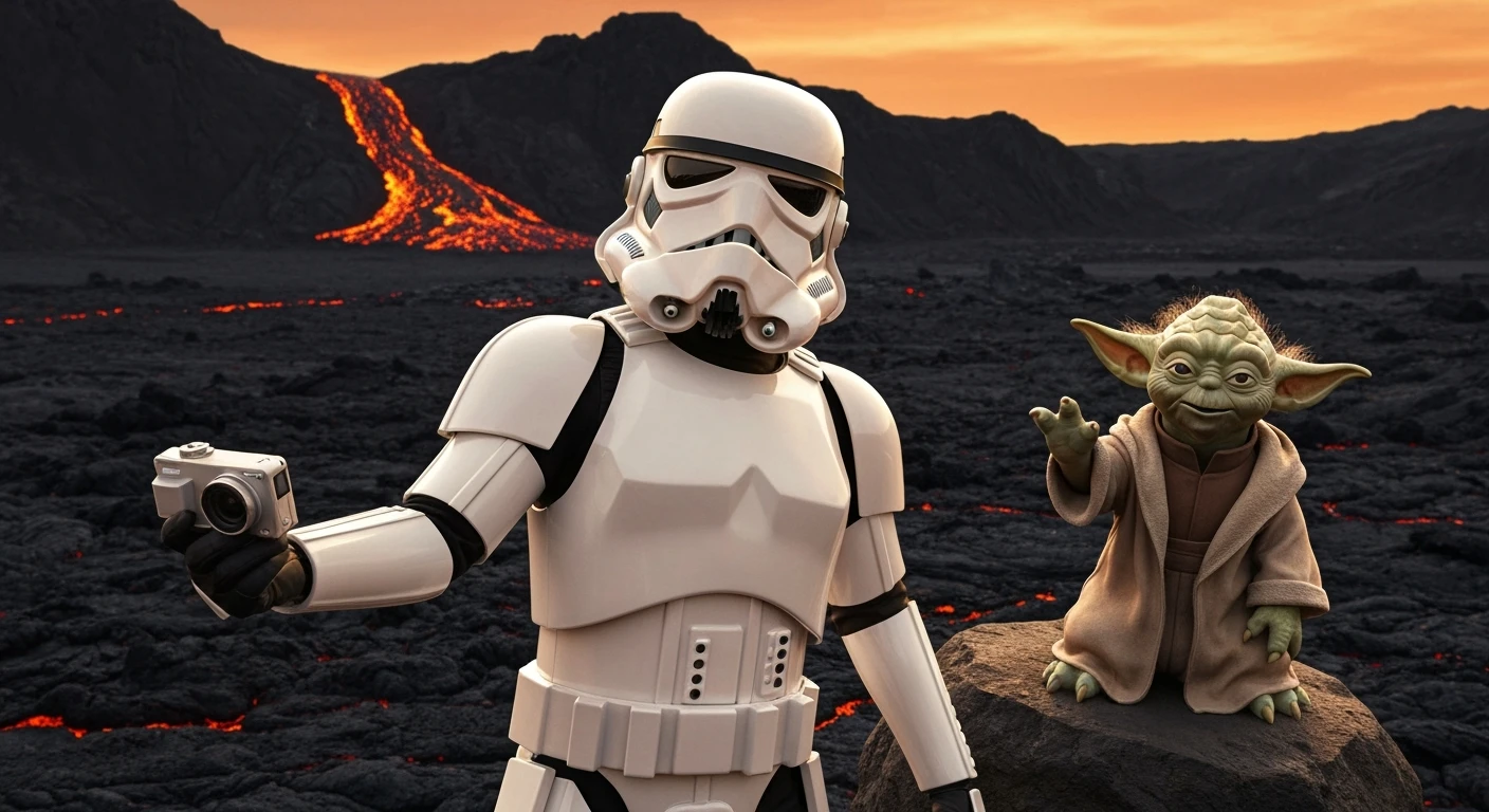 Starwars stormtroopers vlogging selfie, he is walking on lava planet with yoda emoji