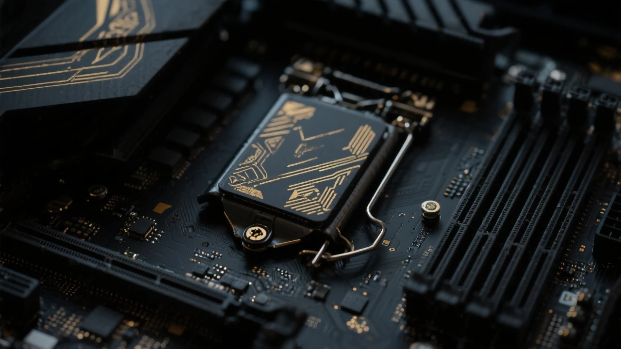 Closeup of black motherboard with subtle gold etchings in moody, dark lighting. emoji