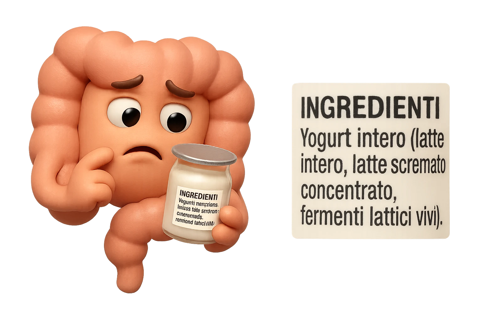 EMOJI STILE IPHONE 3D DI UN INTESTINO CHE HA IN MANO UN BARATTOLO DI YOGURT CONFEZIONATO DA SUPERMERCATO E LEGGE L'ETICHETTA NUTRIZIONALE CON GLI INGREDIENTI IN ITALIANO, ACCANTO ALLO YOGURT CHE HA IN MANO C'è UN FOCUS SULL'ETICHETTA CON GLI INGREDIENTI SCRITTI, FAGLI UN ESPRESSIONE CONFUSA MENTRE LEGGE E FALLO MOLTO REALISTICO IN 3D emoji