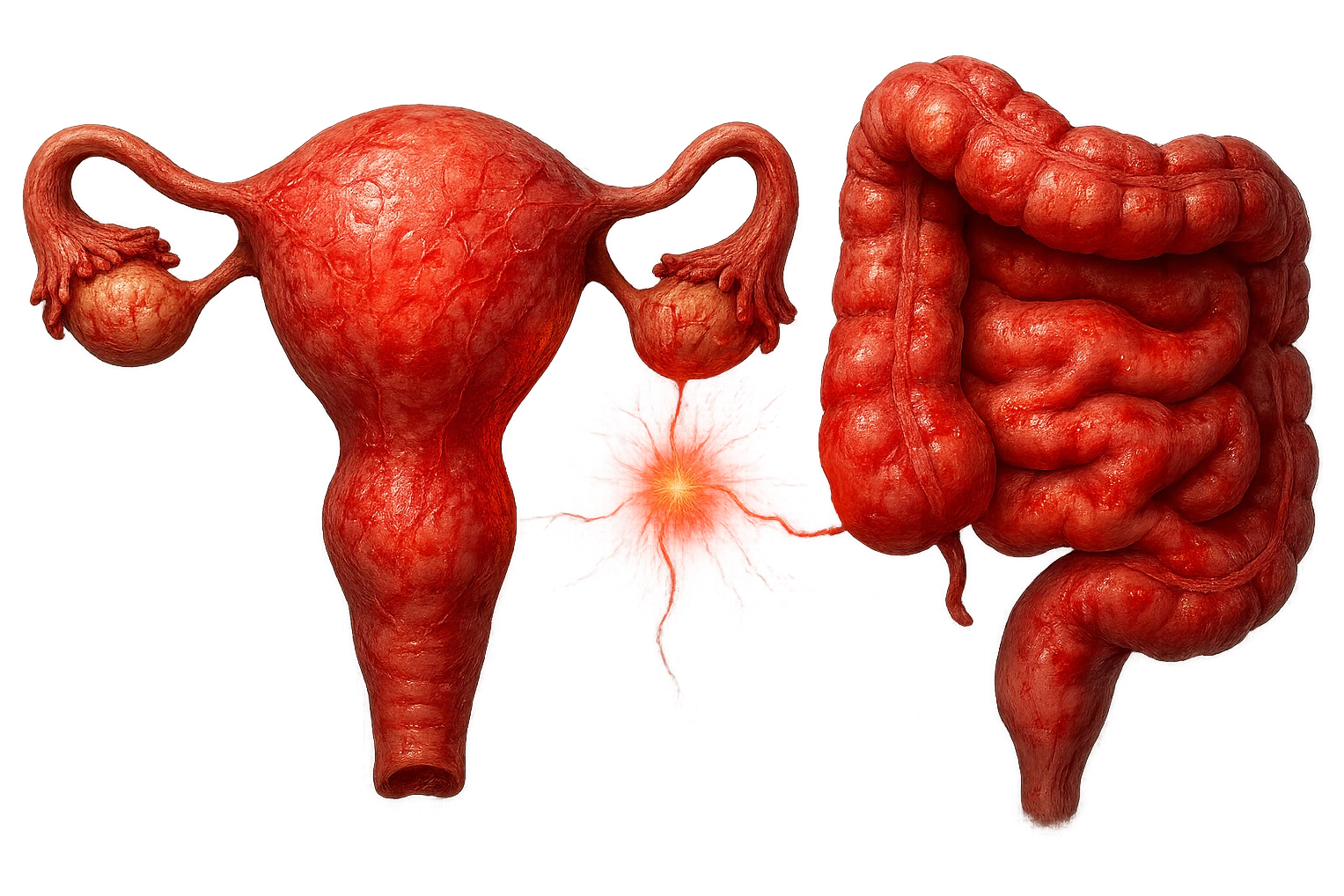 utero umano anatomico iperrealistico e intestino umano anatomico iperrealistico hanno in comune il dolore e l'infiammazione, rendi bene il collegamento tra i due organi doloranti, falla iperrealistica, non disegnata emoji