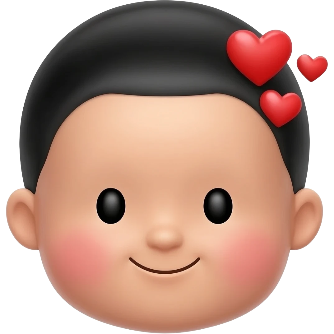 Baby memoji face with black hair and light to medium skin with 3 red hearts like this emoji 🥰 emoji