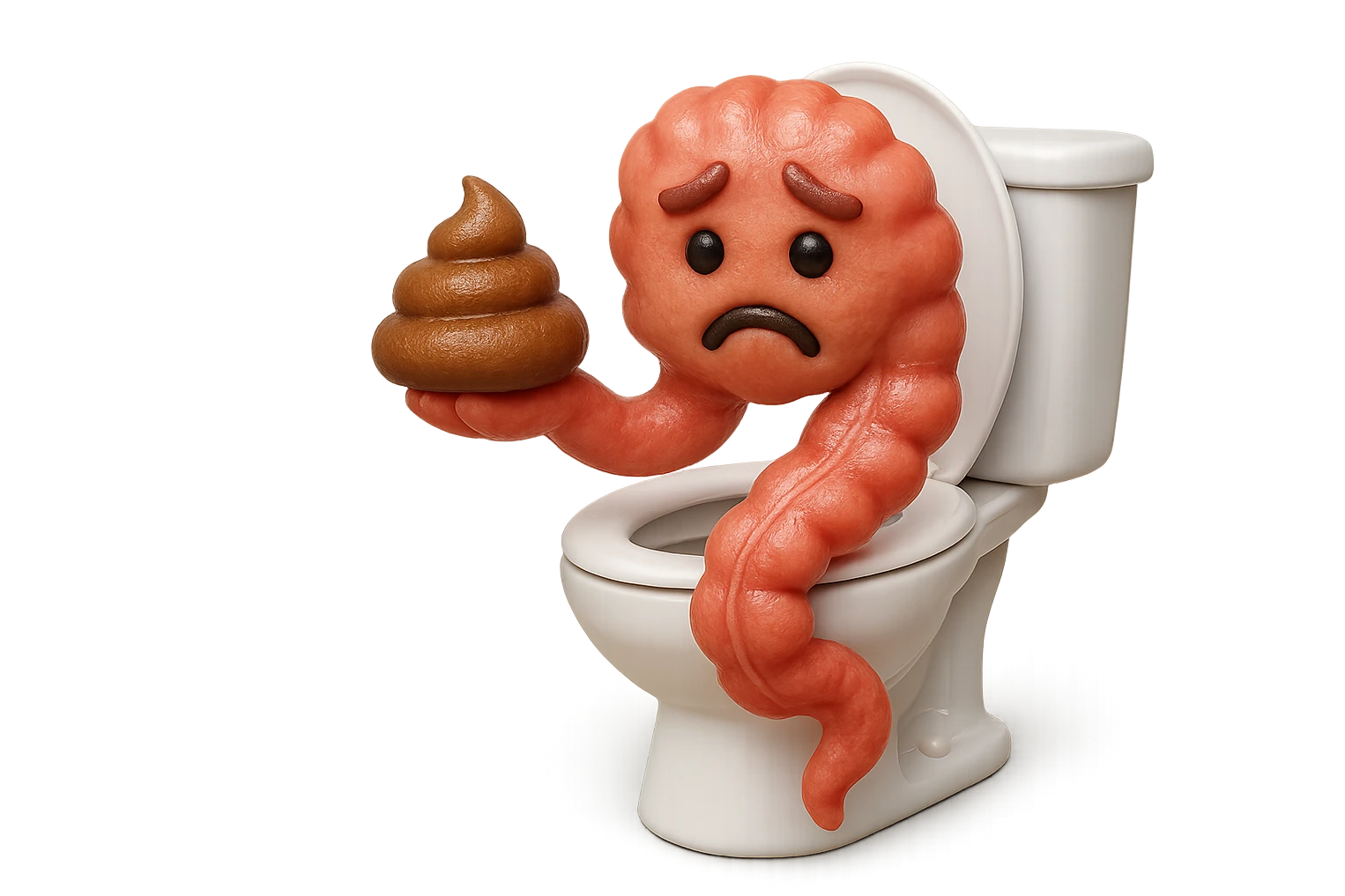 emoji stile iphone di un intestino realistico 3d che esce dal wc con in mano una montagnetta di feci con espressione triste a palline, iperrealistico 4k emoji