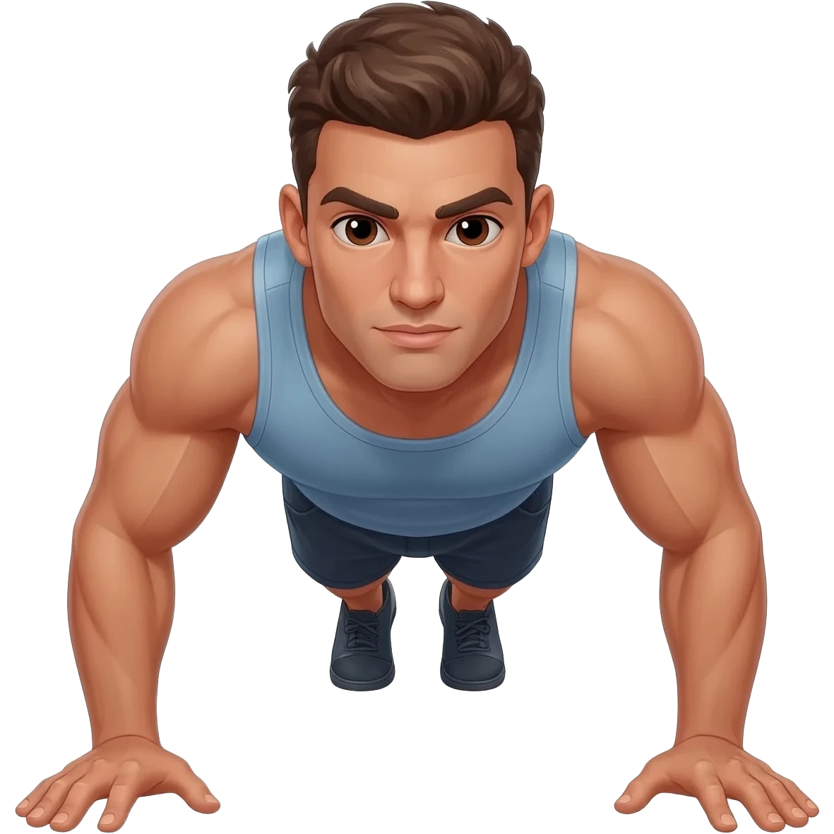 guy with light tan doing push up show his face but rest of body too, solid muscle mass and shoes on. tank top on with shorts. Make sure hes 1/2 way dwon on the push up not in plank positon emoji