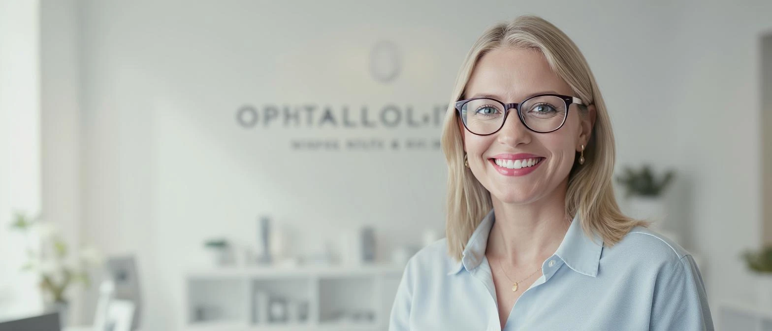 Cinematic still, Proffesional advertising of a smiling european white woman with glasses smiling, minimalistic ophthalmologist interior in background, leading  lines, "rule of thirds", 60/30/10 colors emoji