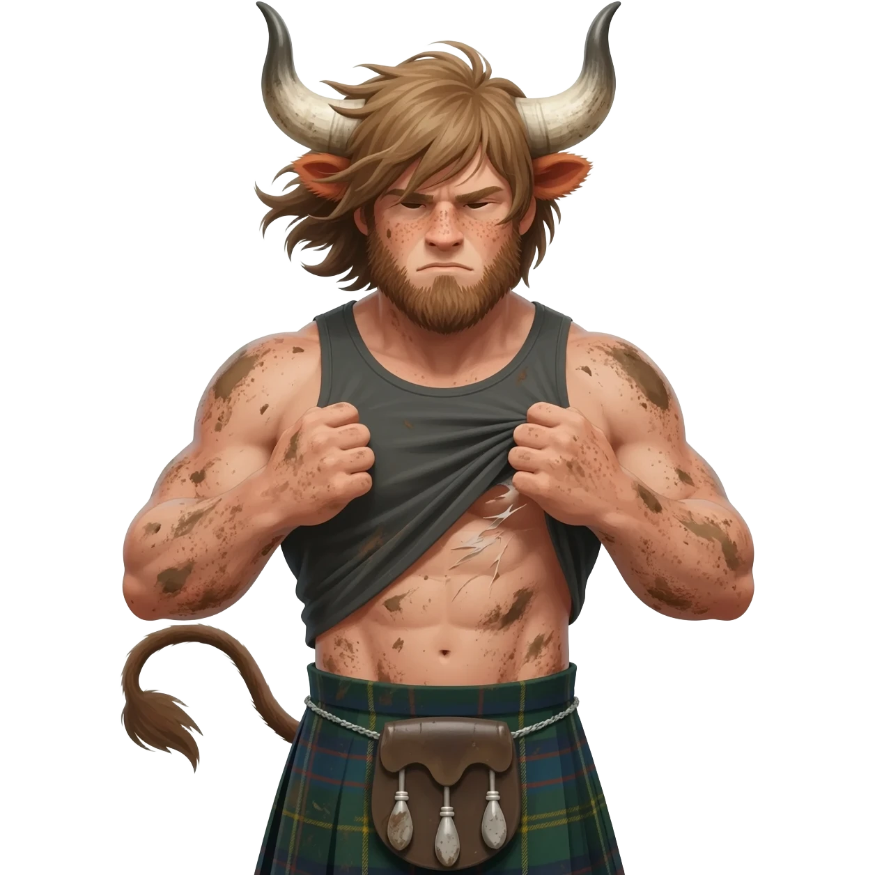 big buff curly hairy man covered in dirt with freckles with messy light brown bangs that covers his face completely with bull horns and bull ears and bull tail dressed in kilt rips his T-shirt apart with wind in his hair emoji