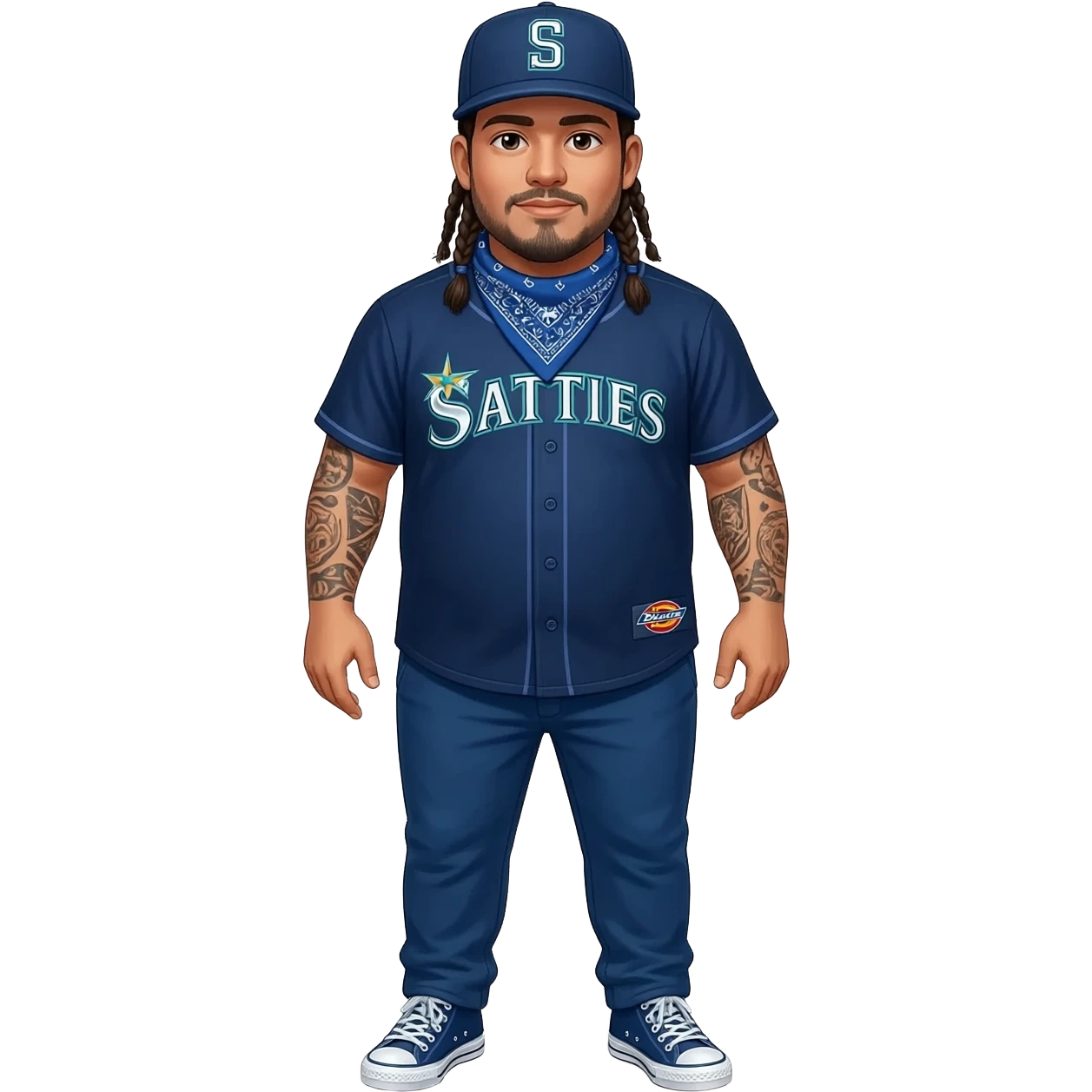 Fat Crip with braids a Seattle Mariners "S" hat blue bandana around neck with blue dickies pants and blue converse all star shoe and blue mariners jersey with tattoos on arms face and hands emoji