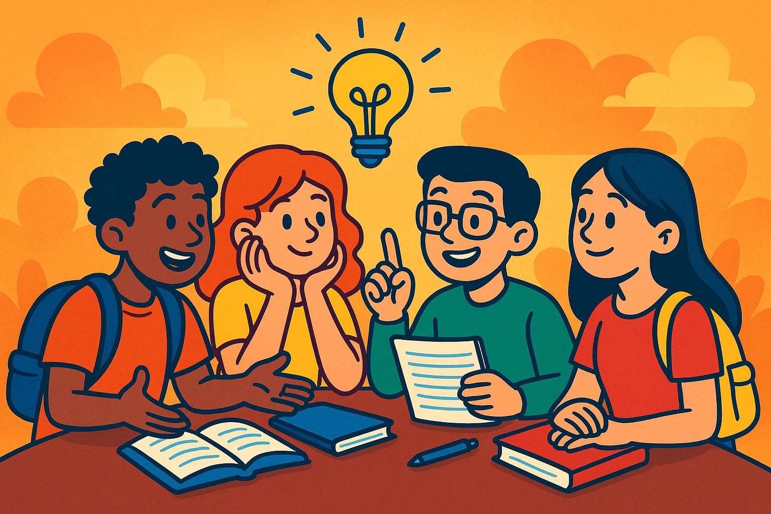 group of four students, two boys and two girls, discussing and thinking together, relaxed atmosphere, warm and inspiring background, colorful cartoon style emoji