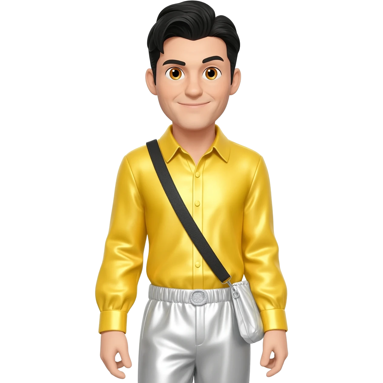 Greg Page from The Wiggles with hazel eyes, black hair, yellow metallic shirt, white metallic baggy pants s emoji