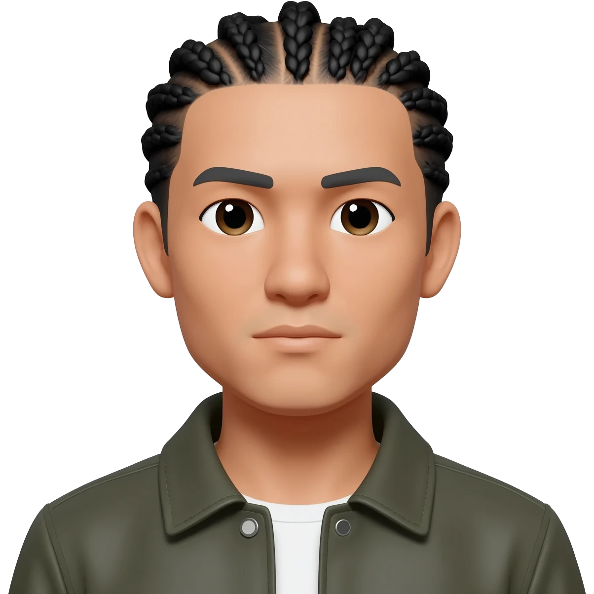 white asian male wearing jacket with no mustache conrow braids emoji
