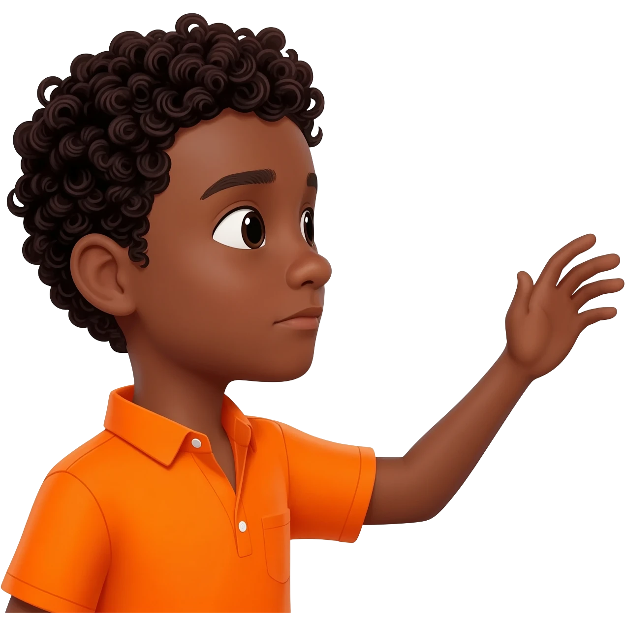black boy curly hair orange shirt reaching for something emoji