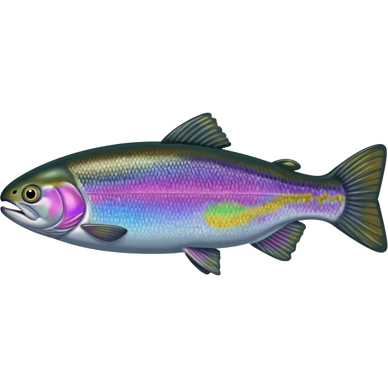 whole rainbow trout fish with spots facing left bright purple blue green yellow white emoji