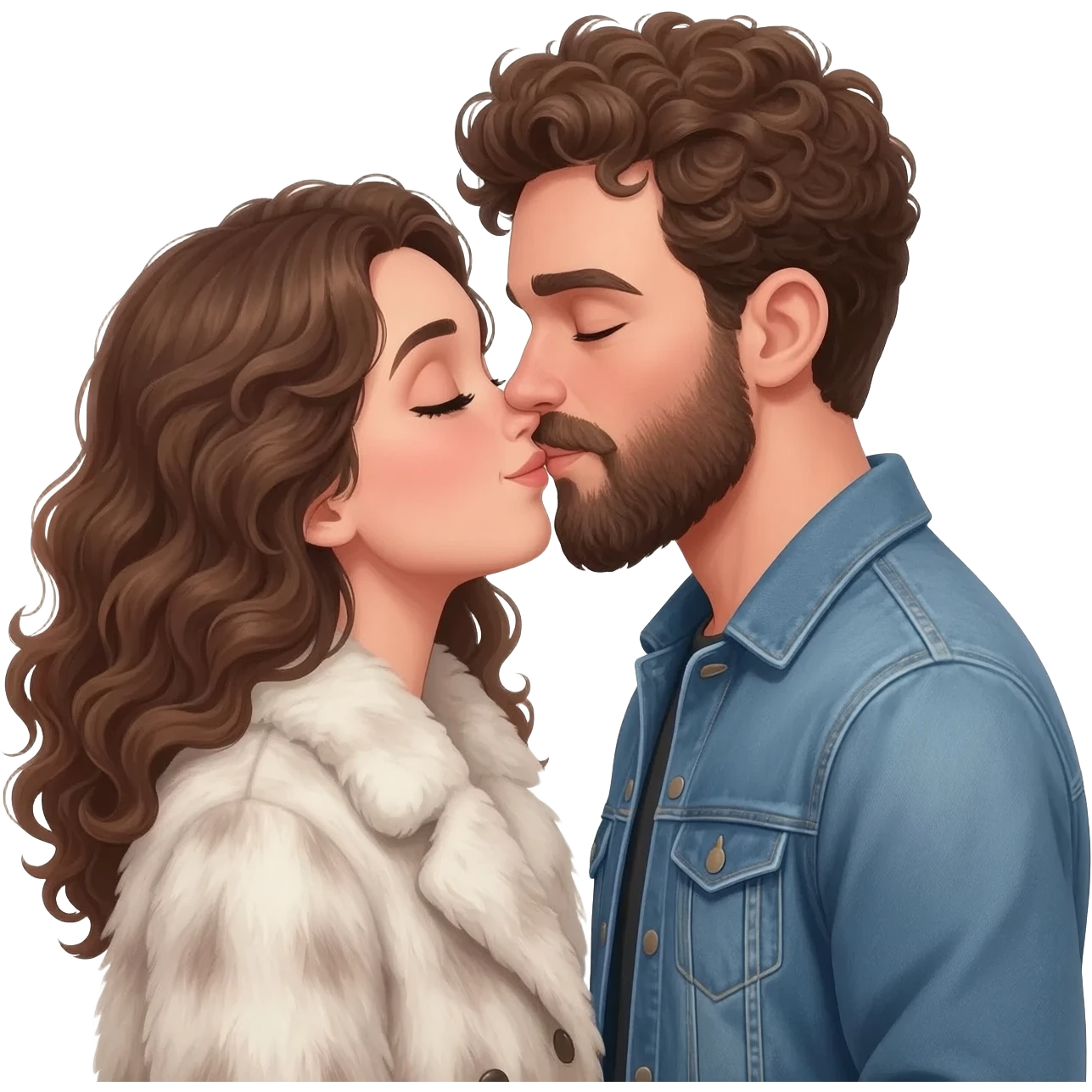 handsome white man with short brown curly hair and a thick beard kissing a white woman with long brown curly hair. she is wearing a fur coat, he is wearing a denim jacket emoji