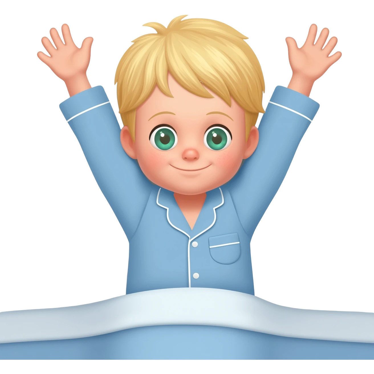 Use the same 3 year old blonde boy with green-blueish eyes same as before  happy with plain blue pajamas raising both arms up, on the bed emoji