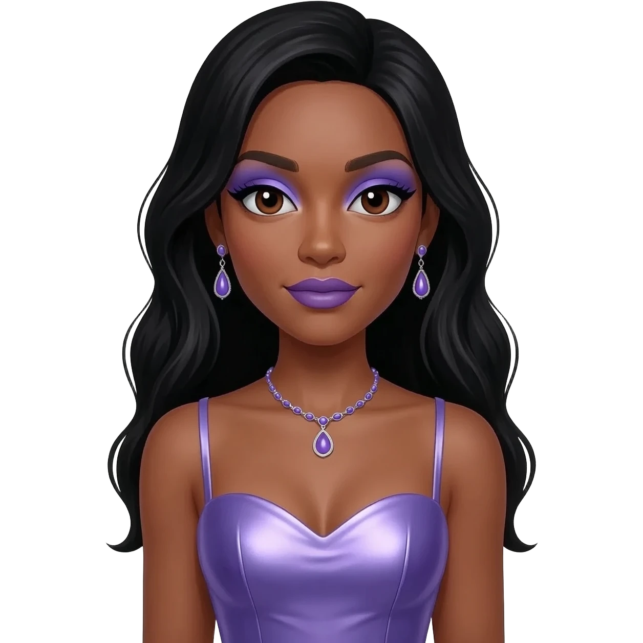 Solange with dark brown eyes, periwinkle eyeshadow and lipstick, long black hair, periwinkle metallic sweetheart dress, periwinkle necklace and earrings emoji