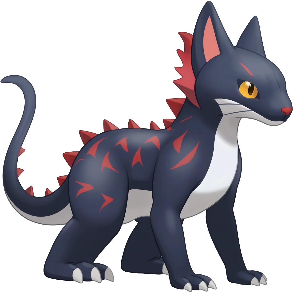 midnight blue-gray-black, with red markings, white belly, scaley Bastet-Noibat-Gatomon-Garchomp-Digimon-Fakémon-Pokémon-creature (full body) emoji