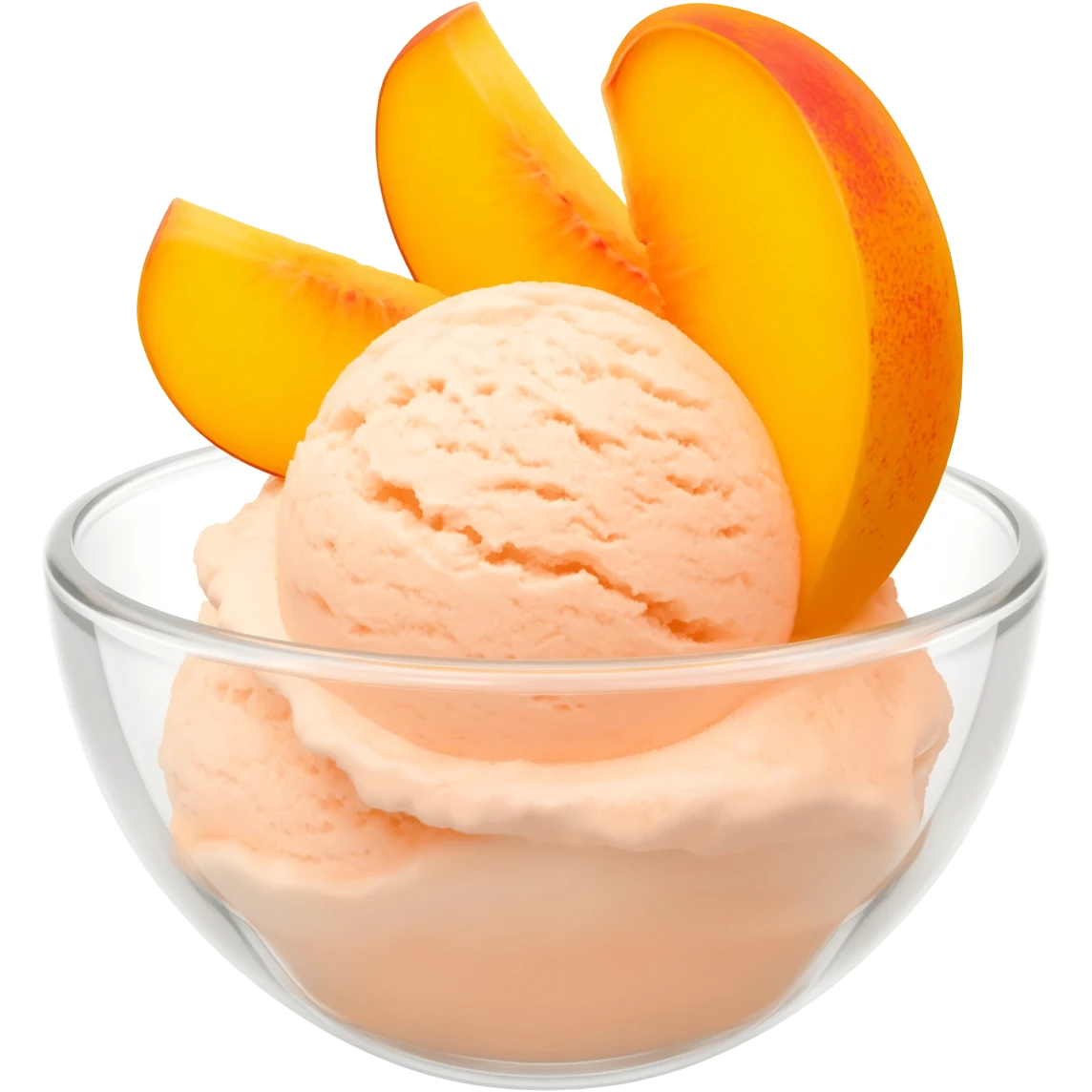 Peach ice cream in a clear glass bowl but 3 peach slices in it make the ice cream a light peach color emoji