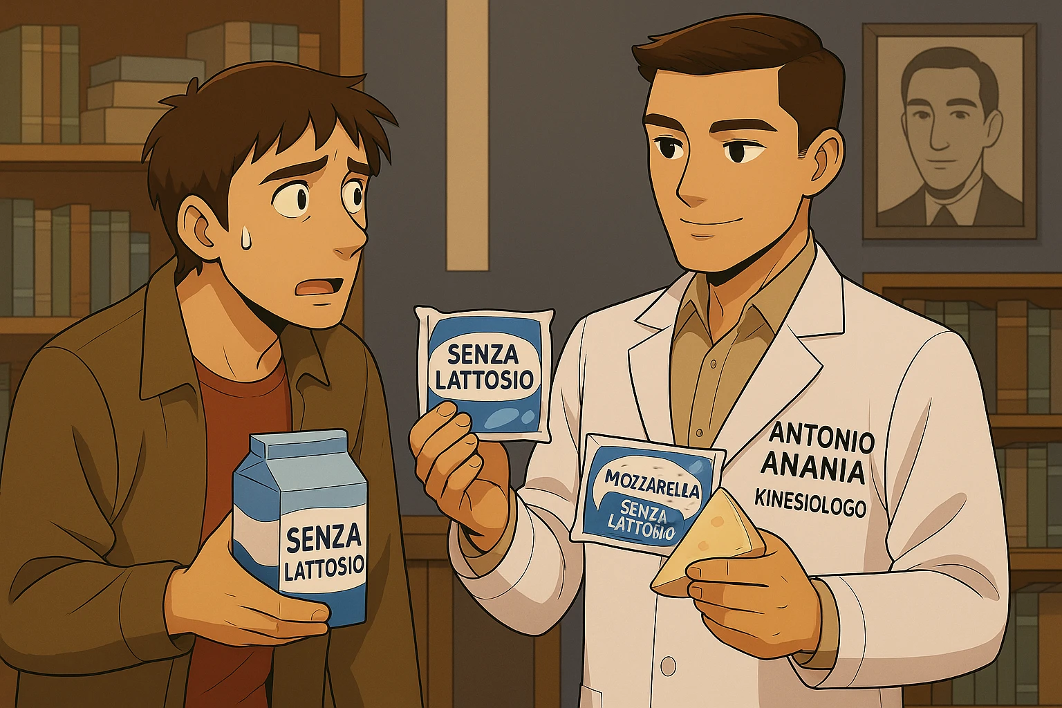 fai un webtoon manga a colori con questo stile, in cui un uomo ASCOLTA Il kinesiologo con il camice bianco (fagli anche la scritta "ANTONIO ANANIA" SUL CAMICE, IL KINESIOLOGO SPIEGA ALL'UOMO UNA MOSTRANDO VARI PRODOTTI DA SUPERMERCATO CONFEZIONATI (TIPO SCATOLA DI LATTE, MOZZARELLE CONFEZIONATE, FORMAGGIO CONFEZIONATO), OGNI CONFEZIONE HA LA SCRITTA "SENZA LATTOSIO SULL'ETICHETTA. L'UOMO OSSERVA IL KINESIOLOGO CON ESPRESSIONE CONFUSA IN VOLTO. non fare i fumetti però, fai solo in modo che sembri stiano parlando emoji