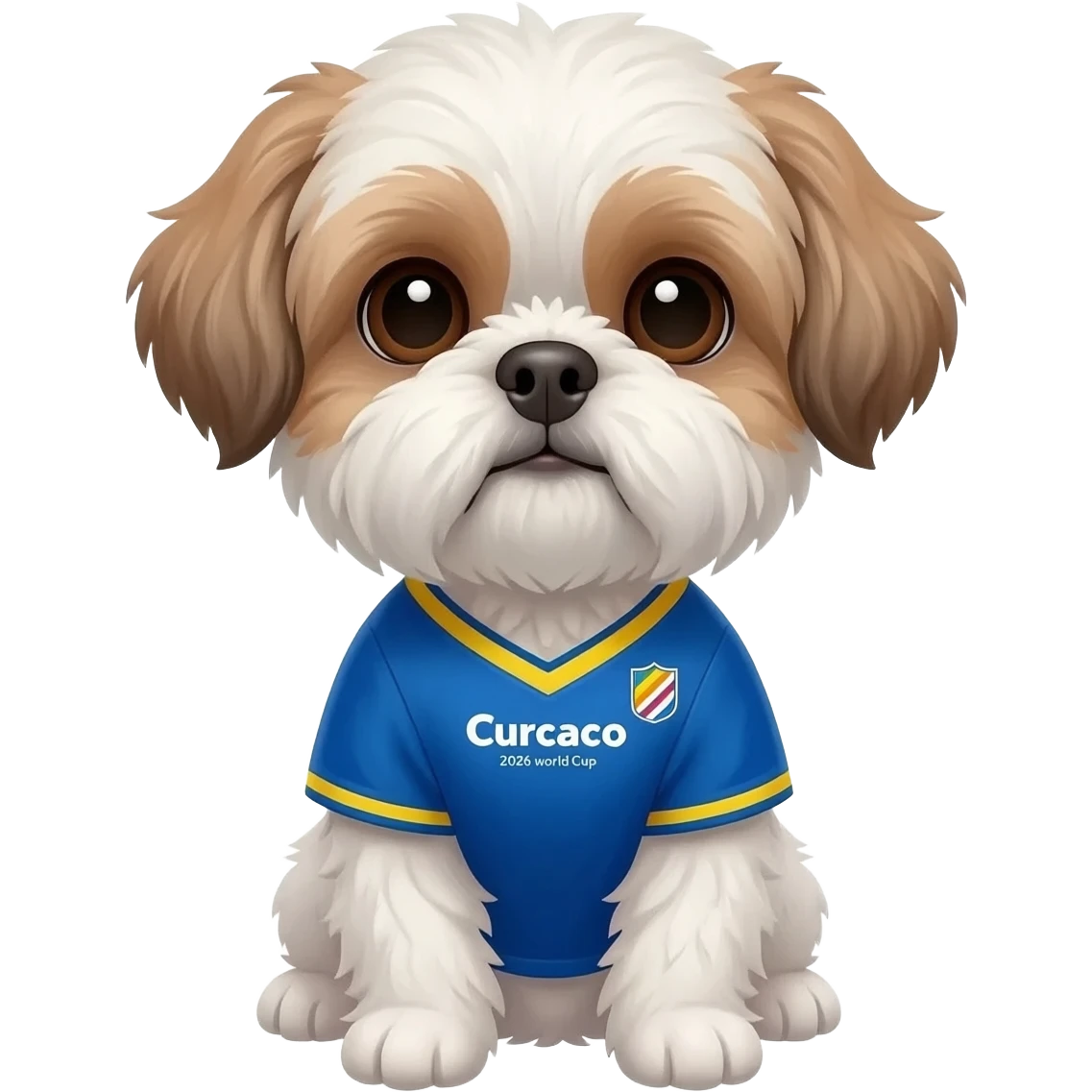 white and light brown shih zhu wearing a Curacao soccer jersey v neck 2026 work cup emoji