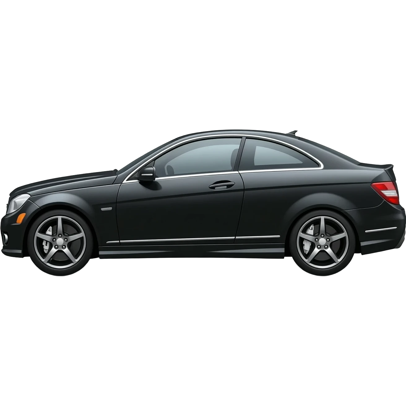 a picture of a black Mercedes C Class W204 Coupe with white calipers, black rims and tinted windows on the side emoji