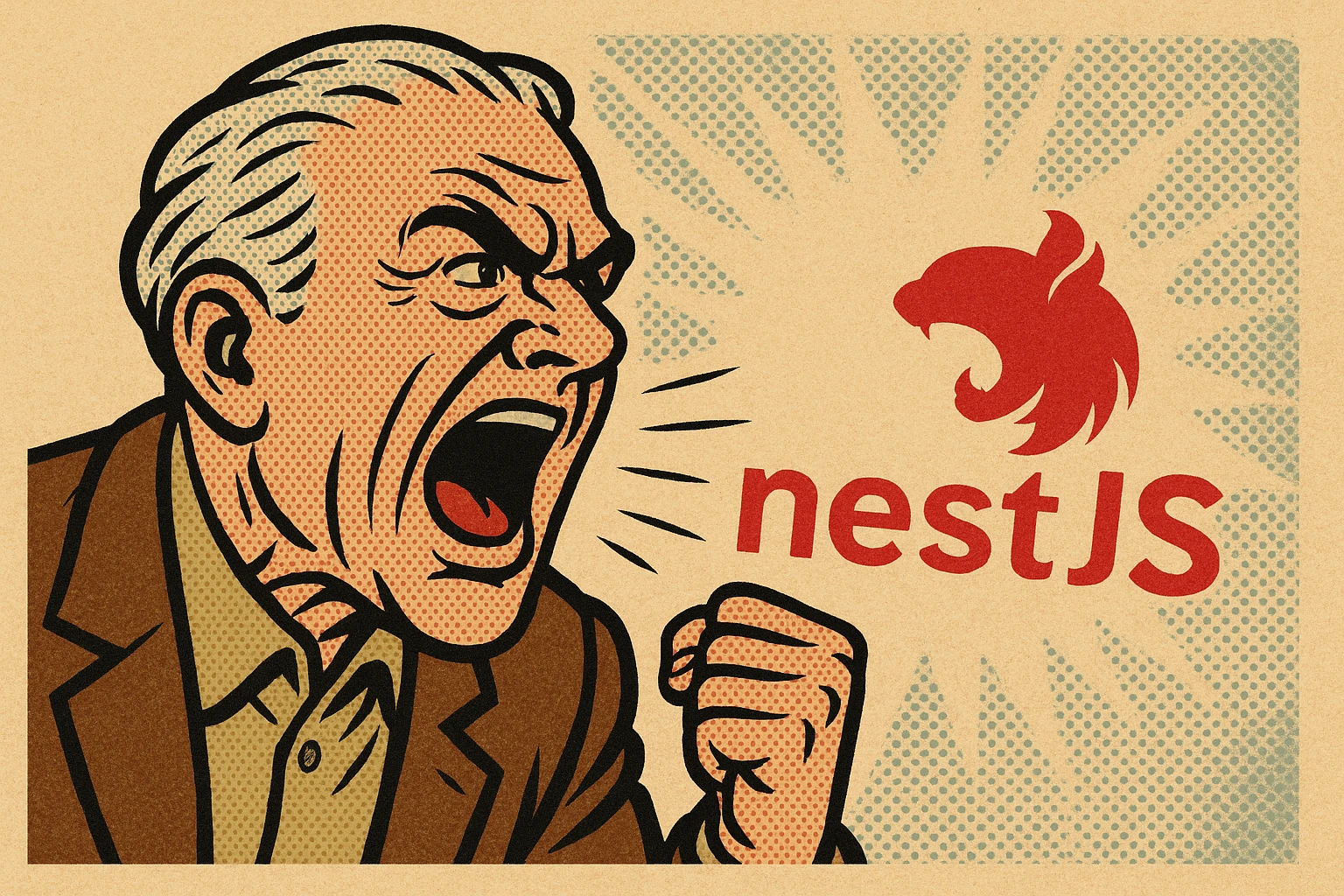 old man yelling at the NestJS logo, cartoon style emoji