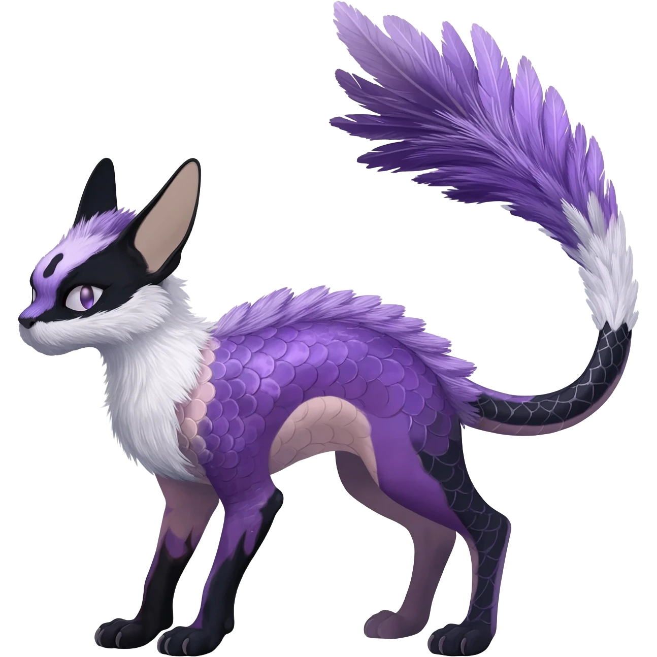 Furry, fluffy tropical flecked painted feathery scaly, Purple, white, black, Minccino-Sphynx-Lykoi-Linoone-Zangoose-fusion-hybrid-animal-Fakémon-creature, full body, thin long sleek scaly tail, intricate markings emoji