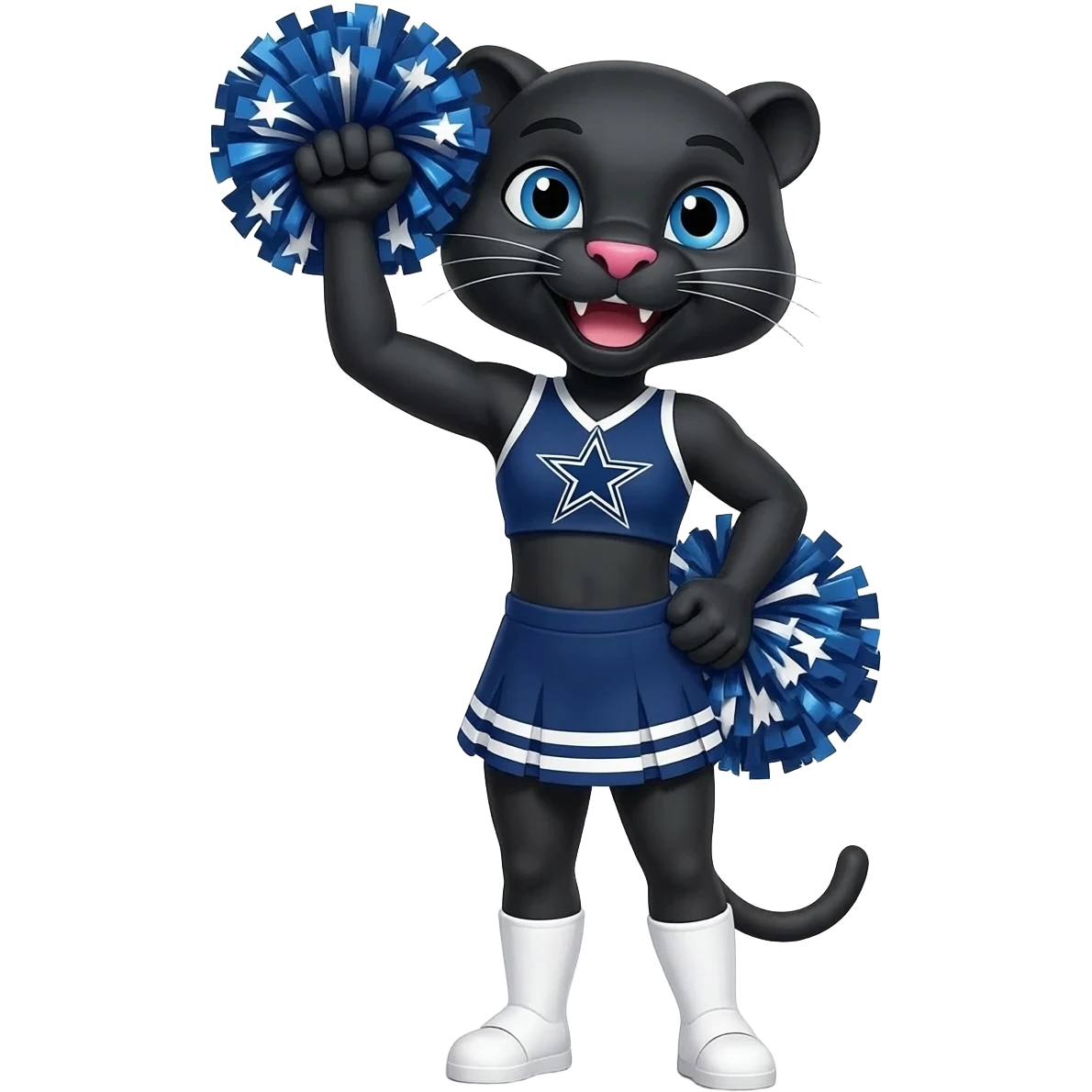 happy panther as dallas cowboys cheerleader standing on one paw and holding another paw at the head emoji