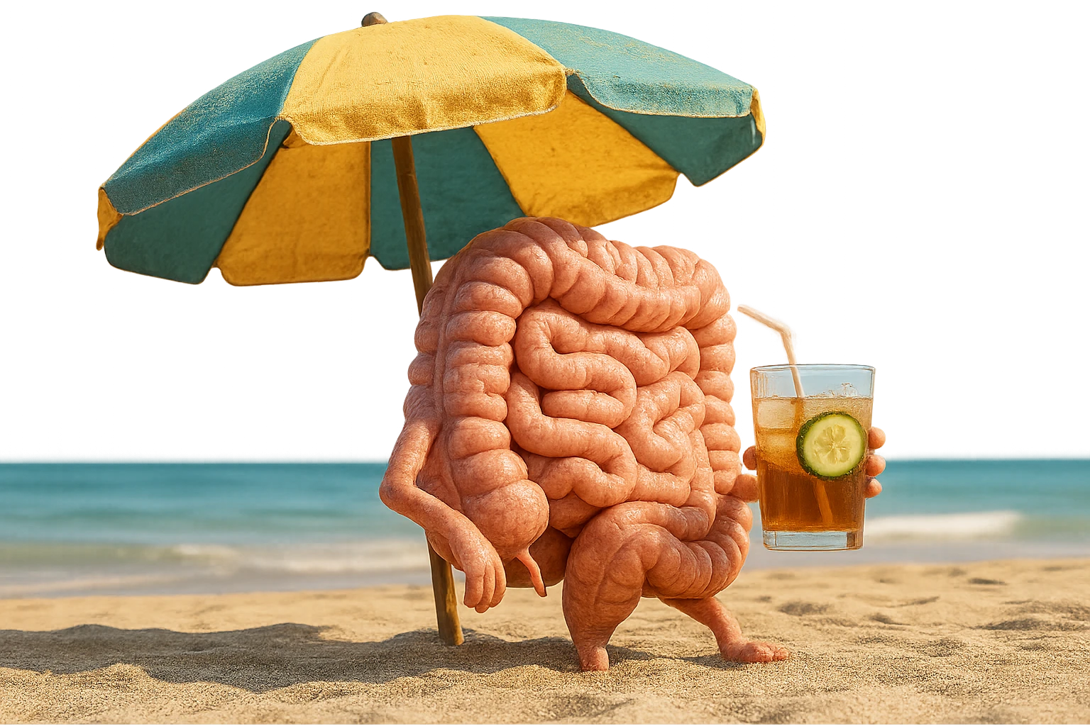 INTESTINO SEDUTO IN SPIAGGIA SOTTO L'OMBRELLONE MENTRE BEVE THè FREDDO CON CETRIOLO
IPERREALISTICO 4K emoji