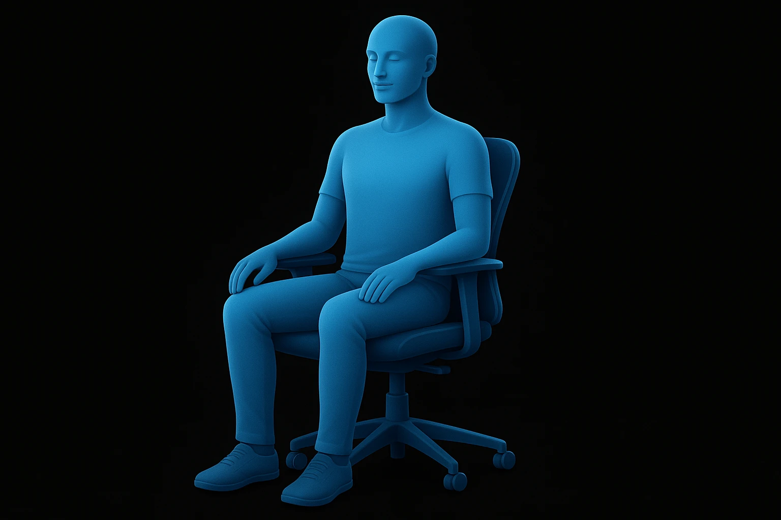 person sitting on ergonomic chair with perfect posture, comfortable and relaxed, black solid background, front view (Inspire style graphic i send you) emoji