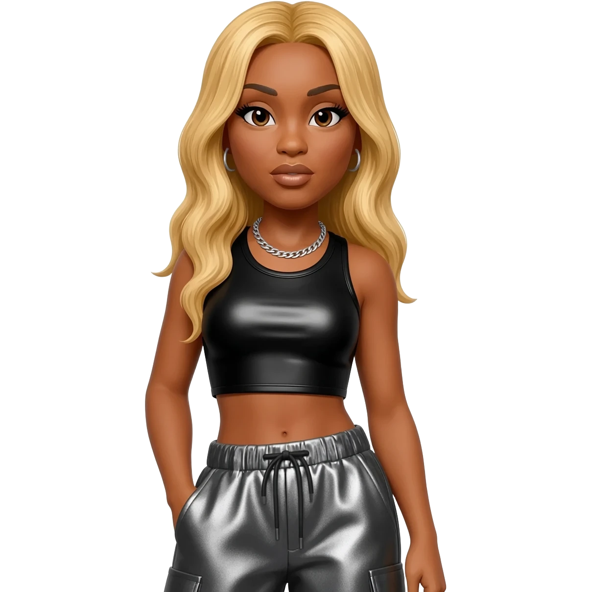 T- Boz from TLC with brown eyes, blonde hair, black metallic crop top, charcoal metallic baggy pants, silver necklace emoji