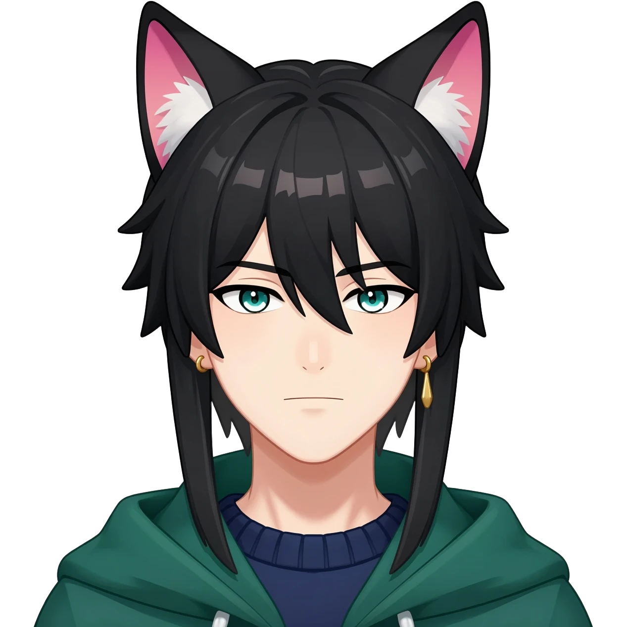 Tighnari from Genshin Impact; anime man with long-straight-dark-black hair, long black fox ears with pink Scapha, colorful-gradient-brown-turquoise eyes, gold earring, dark-blue-sweater, green cape, white pupils emoji