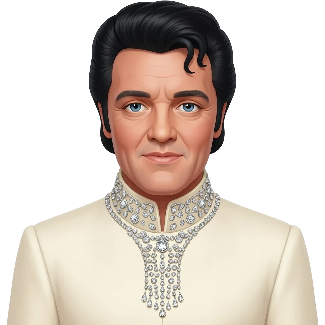 cinematic realistic aesthetic brilliant divine lighting, oil paint  -  An aging Elvis Presley in a glamorous ivory costume with a collar encrusted with diamonds emoji