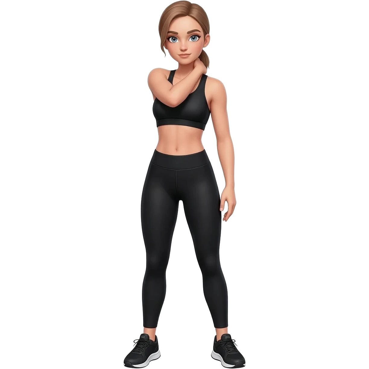 hand on neck, shoulder release pose, fair-skinned woman, gray-blue eyes, ash brown brows, ash light brown hair tied back, slim athletic body, black workout set, black sneakers with white soles emoji