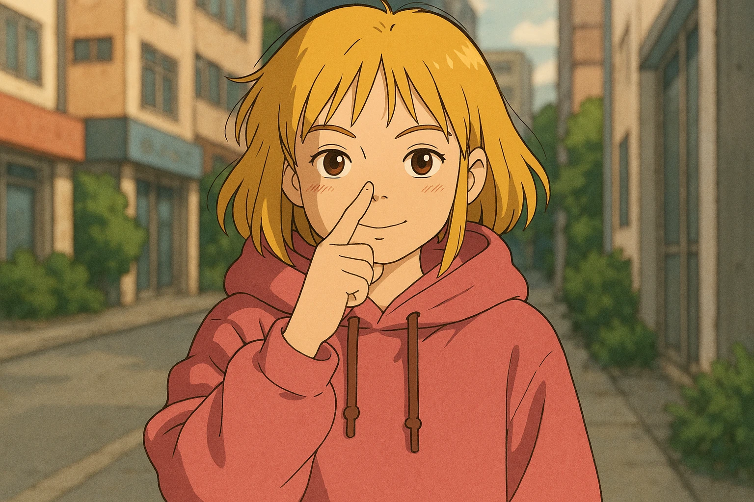 A girl yellow hair brown eyes pink Urban Heavy Loose Fit Hood Sweat touch your nose  emoji