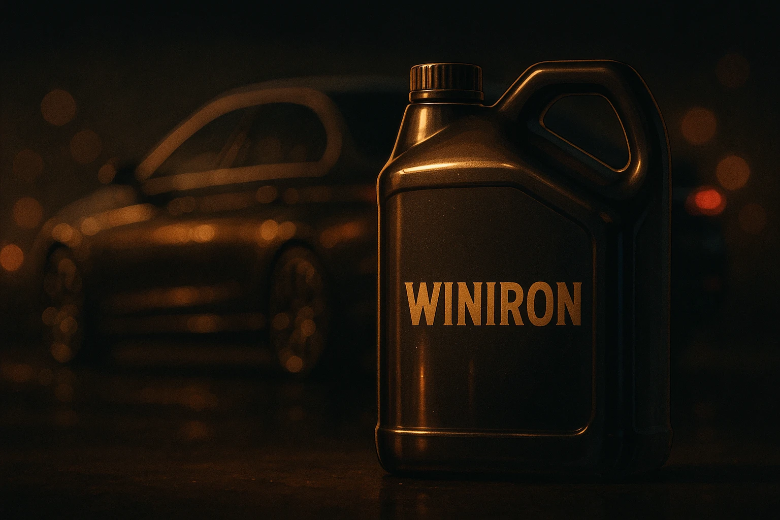 a premium dark moody automotive scene. A Winiron motor oil container stands in the foreground, illuminated by soft golden rim light. Background is a luxury car silhouette with warm reflections, blurred bokeh lights, and deep shadows. Add subtle metallic shine, glossy highlights on the container. Composition should feel cinematic, expensive, and powerful. No text, no distortions, keep the Winiron logo original. emoji