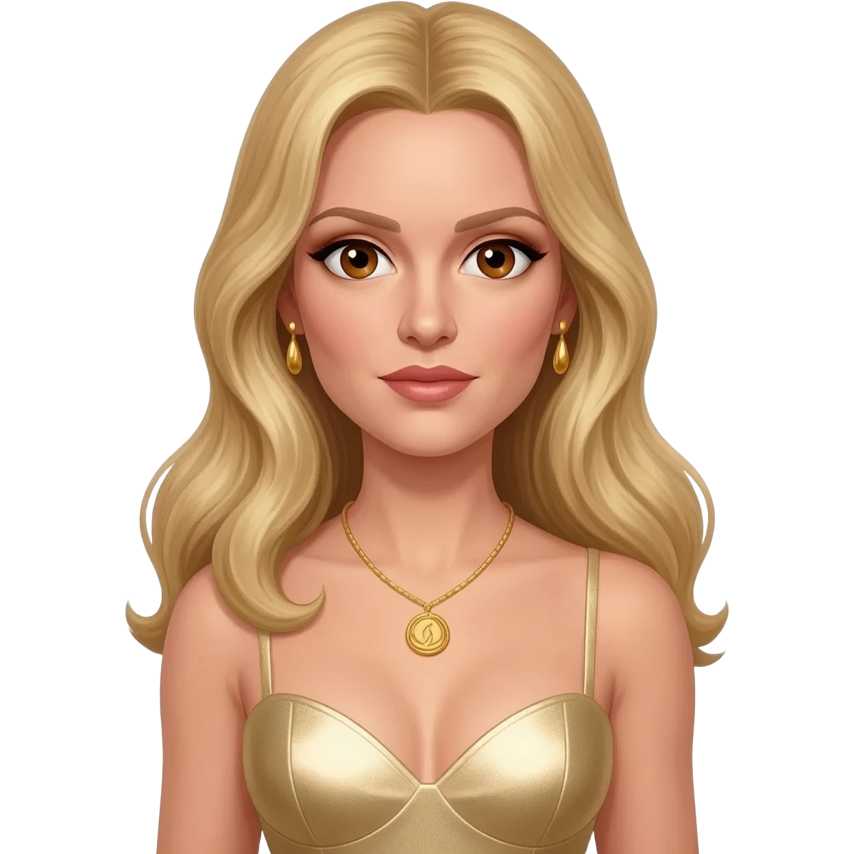Honey Ryder from James Bond series with hazel eyes, long blonde hair, ivory metallic sweetheart dress, gold necklace and earrings emoji