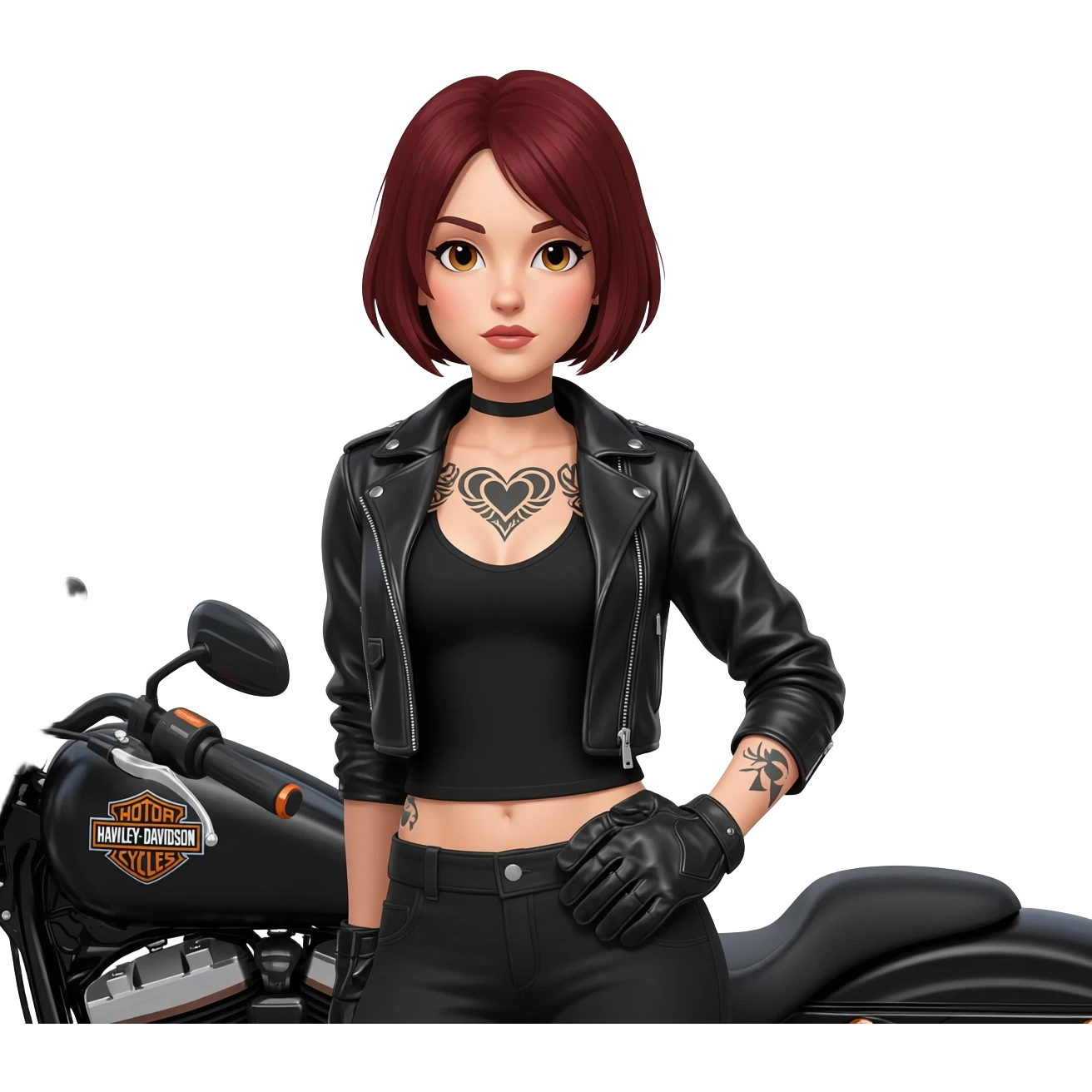 A female Harley rider with short mahogany-coloured hair, dressed in biker gear, with a heart emoji