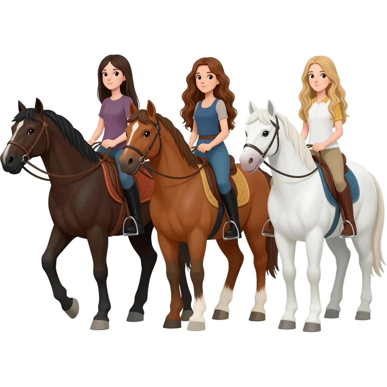 Three horses white bay and sorrel with three riders on the bay horse a girl with dark straight hair on the sorrel horse a girl with wavy brown hair and on the white horse a girl with sandy hair emoji