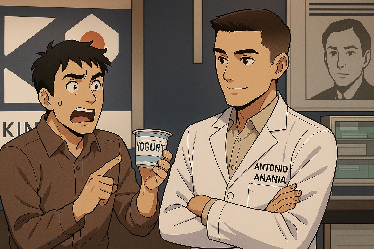 fai un webtoon manga a colori con questo stile, in cui un uomo chiede al kinesiologo con il camice bianco (fagli anche la scritta "ANTONIO ANANIA" SUL CAMICE, una domanda e il kinesiologo gli risponde, L'UOMO INDICA LO YOGURT CHE HA IN MANO ED è MOLTO ALLARMATO NEL FARE LA DOMANDA. non fare i fumetti però, fai solo in modo che sembri stiano parlando emoji