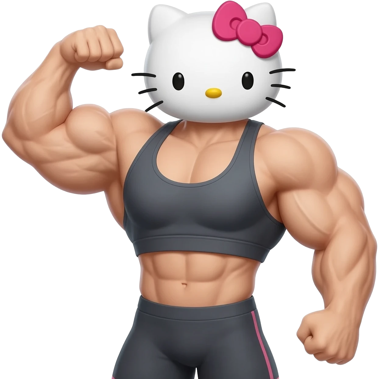Hello kitty with massive muscles wearing sports bra. She should flex one arm. Only show her top half. White skin the same colour as her face. emoji