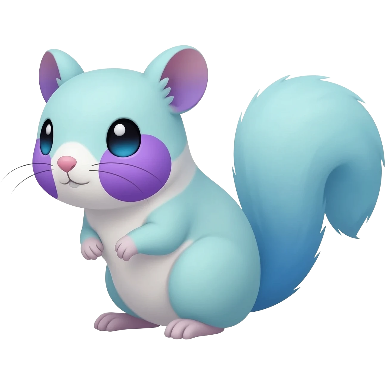 Light-pastel-Cyan-white-blue-gradients electric type rodent-chinchilla-squirrel-gerbil-jerboa-Pachirisu-Minccino-Pokémon-Fakémon-fusion-hybrid-Pokémon-animal-creature, full body with purple-violet-pinkish round cheek markings  emoji