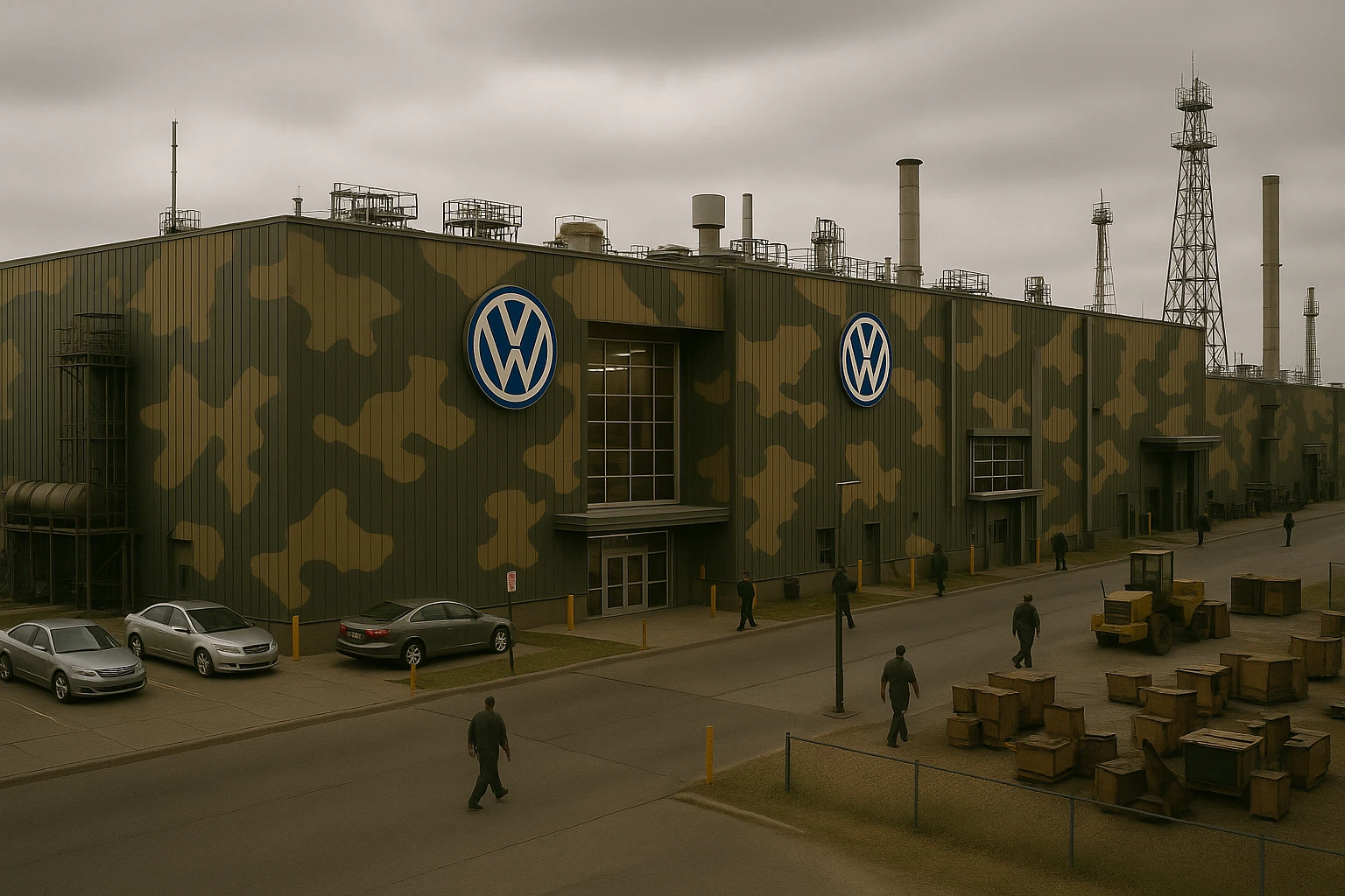 Realistic Volkswagen factory exterior, large industrial building with one Volkswagen logo, parking lots filled with cars, factory grounds with machinery and equipment, realistic lighting and shadows, industrial atmosphere, workers in uniforms walking around, camouflage colors, focus on the factory building in camouflage colors emoji